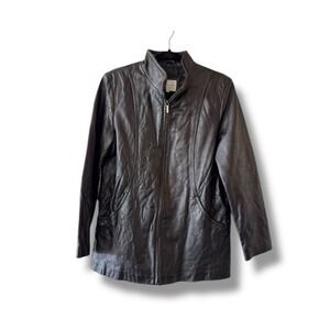 Worthington Genuine Lambskin Leather Jacket Women's M Petite Black Zip Front Y2K